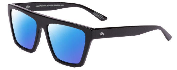 Profile View of SITO SHADES BENDER Designer Polarized Sunglasses with Custom Cut Blue Mirror Lenses in Black Ladies Rectangular Full Rim Acetate 57 mm