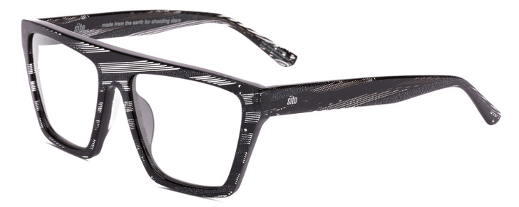Profile View of SITO SHADES BENDER Designer Reading Eye Glasses with Custom Cut Powered Lenses in Matrix Black White Ladies Rectangular Full Rim Acetate 54 mm