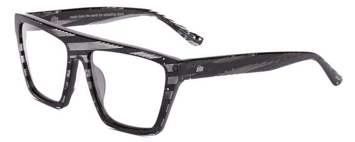 Profile View of SITO SHADES BENDER Designer Single Vision Prescription Rx Eyeglasses in Matrix Black White Ladies Rectangular Full Rim Acetate 54 mm