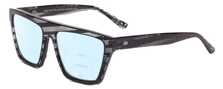 Profile View of SITO SHADES BENDER Designer Progressive Lens Blue Light Blocking Eyeglasses in Matrix Black White Ladies Rectangular Full Rim Acetate 54 mm
