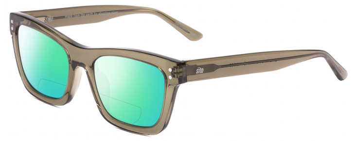 Profile View of SITO SHADES BREAK OF DAWN Designer Polarized Reading Sunglasses with Custom Cut Powered Green Mirror Lenses in Moss Brown Crystal Unisex Square Full Rim Acetate 54 mm