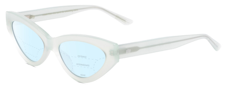 Profile View of SITO SHADES DIRTY EPIC Designer Progressive Lens Blue Light Blocking Eyeglasses in Mercury White Grey Crystal Ladies Cat Eye Full Rim Acetate 55 mm