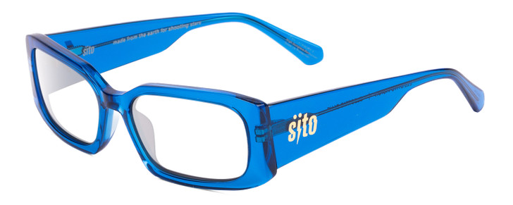 Profile View of SITO SHADES ELECTRO VISION Designer Single Vision Prescription Rx Eyeglasses in Electric Blue Crystal Unisex Square Full Rim Acetate 56 mm