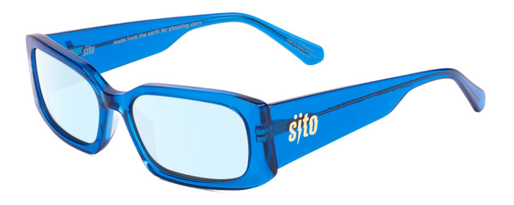 Profile View of SITO SHADES ELECTRO VISION Designer Blue Light Blocking Eyeglasses in Electric Blue Crystal Unisex Square Full Rim Acetate 56 mm