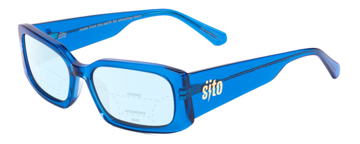 Profile View of SITO SHADES ELECTRO VISION Designer Progressive Lens Blue Light Blocking Eyeglasses in Electric Blue Crystal Unisex Square Full Rim Acetate 56 mm