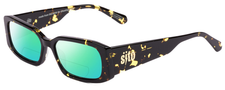 Profile View of SITO SHADES ELECTRO VISION Designer Polarized Reading Sunglasses with Custom Cut Powered Green Mirror Lenses in Limeade Black Yellow Tortoise Unisex Square Full Rim Acetate 56 mm