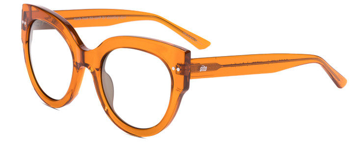 Profile View of SITO SHADES GOOD LIFE Designer Reading Eye Glasses with Custom Cut Powered Lenses in Amber Orange Crystal Ladies Round Full Rim Acetate 54 mm