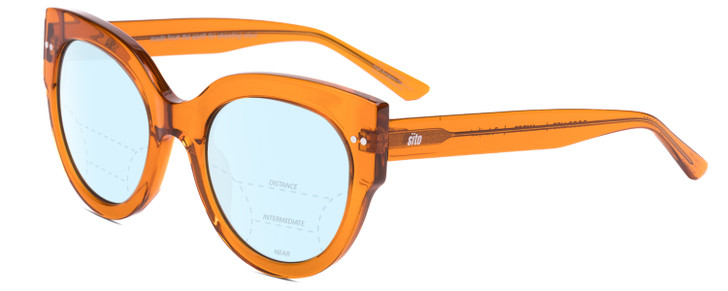 Profile View of SITO SHADES GOOD LIFE Designer Progressive Lens Blue Light Blocking Eyeglasses in Amber Orange Crystal Ladies Round Full Rim Acetate 54 mm