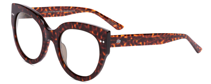 Profile View of SITO SHADES GOOD LIFE Designer Reading Eye Glasses with Custom Cut Powered Lenses in Amber Cheetah Ladies Round Full Rim Acetate 54 mm