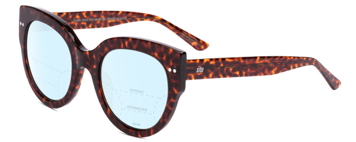 Profile View of SITO SHADES GOOD LIFE Designer Progressive Lens Blue Light Blocking Eyeglasses in Amber Cheetah Ladies Round Full Rim Acetate 54 mm