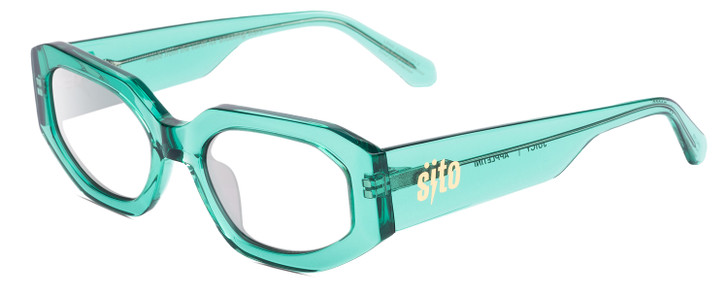Profile View of SITO SHADES JUICY Designer Bi-Focal Prescription Rx Eyeglasses in Appletini Blue Crystal Ladies Square Full Rim Acetate 53 mm