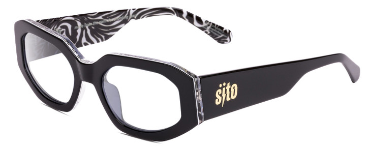 Profile View of SITO SHADES JUICY Designer Bi-Focal Prescription Rx Eyeglasses in Black White Zebra Print Safari Ladies Square Full Rim Acetate 53 mm