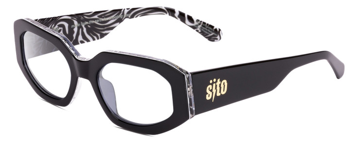 Profile View of SITO SHADES JUICY Designer Progressive Lens Prescription Rx Eyeglasses in Black White Zebra Print Safari Ladies Square Full Rim Acetate 53 mm