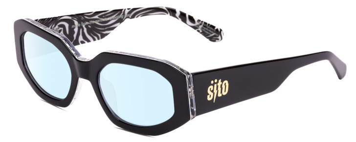 Profile View of SITO SHADES JUICY Designer Blue Light Blocking Eyeglasses in Black White Zebra Print Safari Ladies Square Full Rim Acetate 53 mm