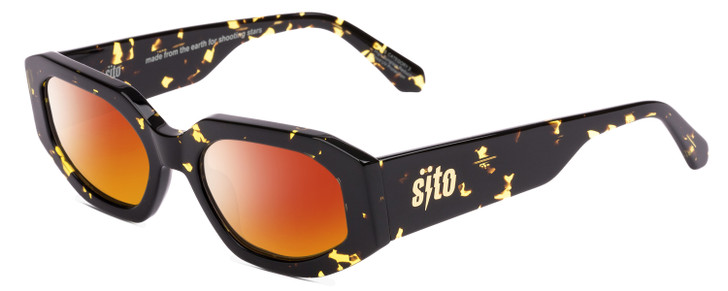 Profile View of SITO SHADES JUICY Designer Polarized Sunglasses with Custom Cut Red Mirror Lenses in Limeade Black Yellow Tortoise Ladies Square Full Rim Acetate 53 mm