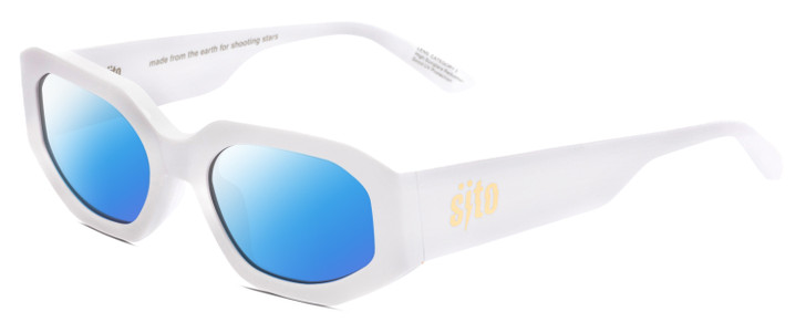 Profile View of SITO SHADES JUICY Designer Polarized Sunglasses with Custom Cut Blue Mirror Lenses in White Ladies Square Full Rim Acetate 53 mm