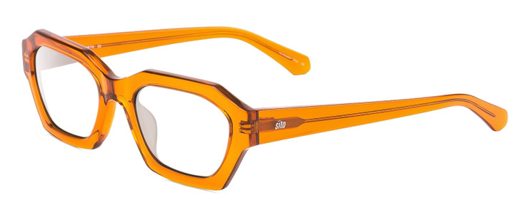 Profile View of SITO SHADES KINETIC Designer Reading Eye Glasses with Custom Cut Powered Lenses in Amber Orange Crystal Unisex Square Full Rim Acetate 54 mm