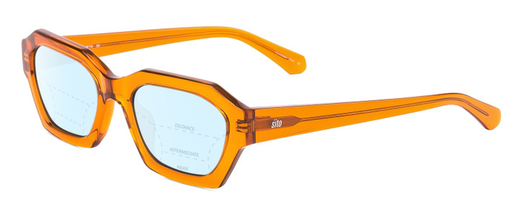 Profile View of SITO SHADES KINETIC Designer Progressive Lens Blue Light Blocking Eyeglasses in Amber Orange Crystal Unisex Square Full Rim Acetate 54 mm