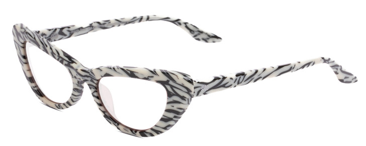 Profile View of SITO SHADES LUNETTE Designer Bi-Focal Prescription Rx Eyeglasses in Savannah Black White Zebra Print Ladies Cat Eye Full Rim Acetate 52 mm