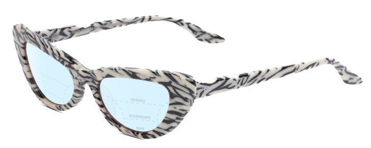 Profile View of SITO SHADES LUNETTE Designer Progressive Lens Blue Light Blocking Eyeglasses in Savannah Black White Zebra Print Ladies Cat Eye Full Rim Acetate 52 mm