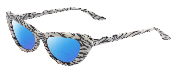 Profile View of SITO SHADES LUNETTE Designer Polarized Reading Sunglasses with Custom Cut Powered Blue Mirror Lenses in Savannah Black White Zebra Print Ladies Cat Eye Full Rim Acetate 52 mm