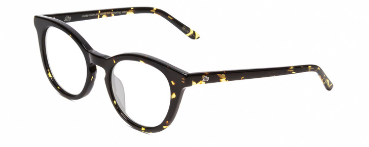 Profile View of SITO SHADES NOW OR NEVER Designer Reading Eye Glasses in Limeade Black Yellow Tortoise Ladies Round Full Rim Acetate 50 mm