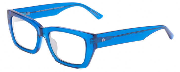Profile View of SITO SHADES OUTER LIMITS Designer Reading Eye Glasses with Custom Cut Powered Lenses in Electric Blue Crystal Unisex Square Full Rim Acetate 54 mm