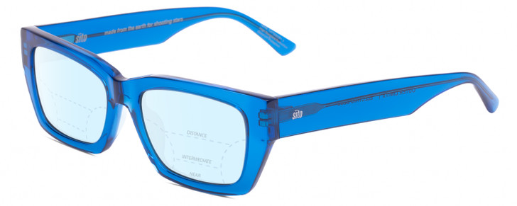 Profile View of SITO SHADES OUTER LIMITS Designer Progressive Lens Blue Light Blocking Eyeglasses in Electric Blue Crystal Unisex Square Full Rim Acetate 54 mm