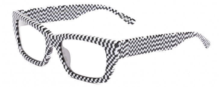 Profile View of SITO SHADES OUTER LIMITS Designer Reading Eye Glasses with Custom Cut Powered Lenses in Optic Black White Checker Print Unisex Square Full Rim Acetate 54 mm