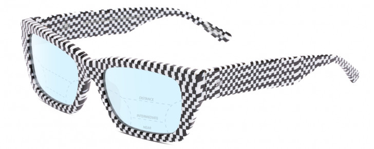 Profile View of SITO SHADES OUTER LIMITS Designer Progressive Lens Blue Light Blocking Eyeglasses in Optic Black White Checker Print Unisex Square Full Rim Acetate 54 mm