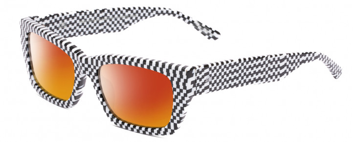 Profile View of SITO SHADES OUTER LIMITS Designer Polarized Sunglasses with Custom Cut Red Mirror Lenses in Optic Black White Checker Print Unisex Square Full Rim Acetate 54 mm