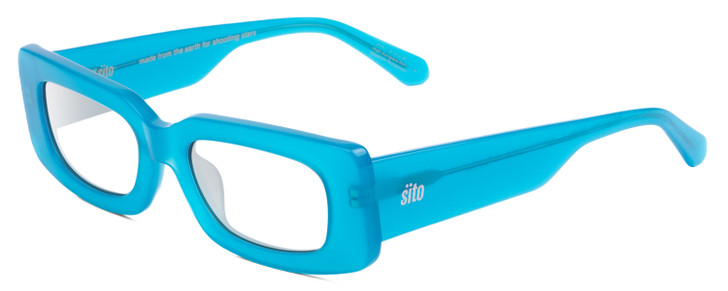 Profile View of SITO SHADES REACHING DAWN Designer Single Vision Prescription Rx Eyeglasses in Caribbean Frost Blue Ladies Square Full Rim Acetate 51 mm