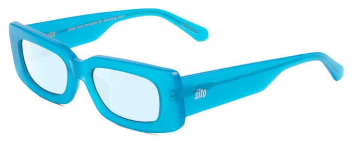 Profile View of SITO SHADES REACHING DAWN Designer Blue Light Blocking Eyeglasses in Caribbean Frost Blue Ladies Square Full Rim Acetate 51 mm