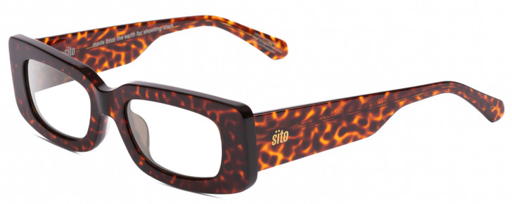 Profile View of SITO SHADES REACHING DAWN Designer Reading Eye Glasses with Custom Cut Powered Lenses in Amber Cheetah Ladies Square Full Rim Acetate 51 mm
