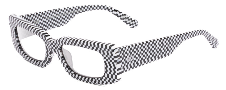 Profile View of SITO SHADES REACHING DAWN Designer Reading Eye Glasses with Custom Cut Powered Lenses in Optic Black White Checker Print Ladies Square Full Rim Acetate 51 mm