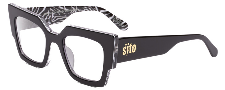 Profile View of SITO SHADES SENSORY DIVISION Designer Reading Eye Glasses with Custom Cut Powered Lenses in Black White Zebra Safari Ladies Cat Eye Full Rim Acetate 53 mm