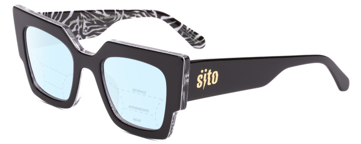 Profile View of SITO SHADES SENSORY DIVISION Designer Progressive Lens Blue Light Blocking Eyeglasses in Black White Zebra Safari Ladies Cat Eye Full Rim Acetate 53 mm