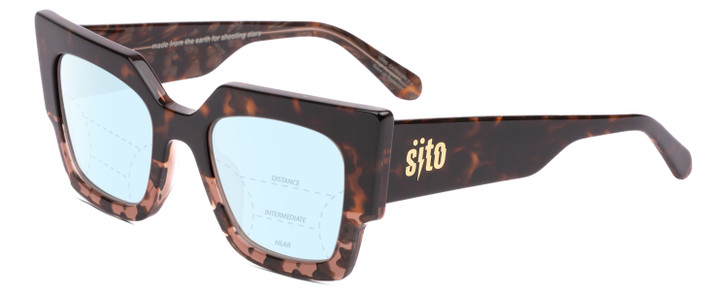 Profile View of SITO SHADES SENSORY DIVISION Designer Progressive Lens Blue Light Blocking Eyeglasses in Quartz Tortoise Havana Ladies Cat Eye Full Rim Acetate 53 mm