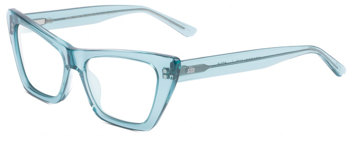 Profile View of SITO SHADES WONDERLAND Designer Reading Eye Glasses with Custom Cut Powered Lenses in Aqua Blue Crystal Ladies Cat Eye Full Rim Acetate 54 mm