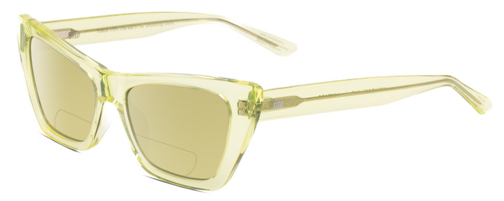 Profile View of SITO SHADES WONDERLAND Designer Polarized Reading Sunglasses with Custom Cut Powered Sun Flower Yellow Lenses in Limeade Green Crystal Ladies Cat Eye Full Rim Acetate 54 mm