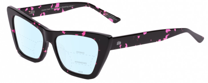 Profile View of SITO SHADES WONDERLAND Designer Progressive Lens Blue Light Blocking Eyeglasses in Paradise Black Purple Tortoise Ladies Cat Eye Full Rim Acetate 54 mm