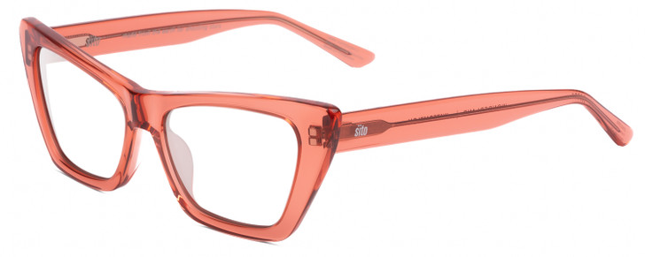 Profile View of SITO SHADES WONDERLAND Designer Reading Eye Glasses with Custom Cut Powered Lenses in Watermelon Pink Crystal Ladies Cat Eye Full Rim Acetate 54 mm