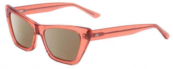 Profile View of SITO SHADES WONDERLAND Designer Polarized Reading Sunglasses with Custom Cut Powered Amber Brown Lenses in Watermelon Pink Crystal Ladies Cat Eye Full Rim Acetate 54 mm