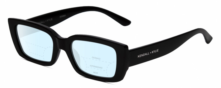 Profile View of Kendall+Kylie KK5137CE GEMMA Designer Progressive Lens Blue Light Blocking Eyeglasses in Gloss Black Ladies Rectangular Full Rim Acetate 51 mm