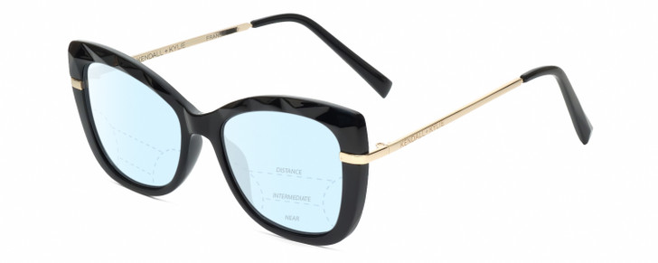 Profile View of Kendall+Kylie KK5156CE FRANNIE Designer Progressive Lens Blue Light Blocking Eyeglasses in Gloss Black Gold Ladies Cat Eye Full Rim Acetate 52 mm