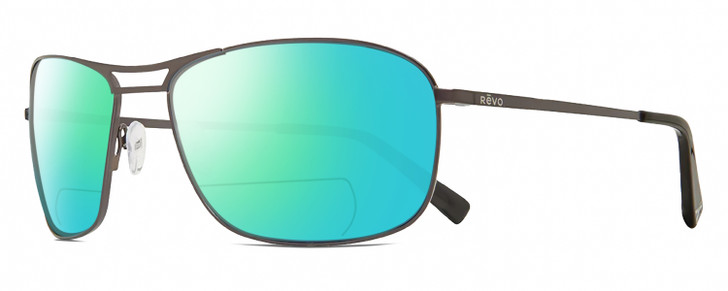 Profile View of REVO SURGE Designer Polarized Reading Sunglasses with Custom Cut Powered Green Mirror Lenses in Matte Gunmetal Black Mens Rectangular Full Rim Metal 62 mm