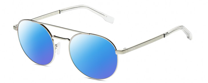 Profile View of BOLLE OVA Designer Polarized Sunglasses with Custom Cut Blue Mirror Lenses in Silver Clear Crystal Ladies Pilot Full Rim Metal 52 mm