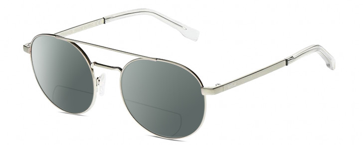 Profile View of BOLLE OVA Designer Polarized Reading Sunglasses with Custom Cut Powered Smoke Grey Lenses in Silver Clear Crystal Ladies Pilot Full Rim Metal 52 mm