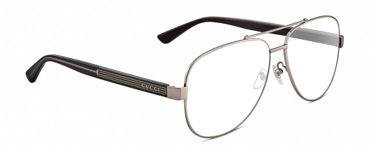 Profile View of Gucci GG0528S Designer Single Vision Prescription Rx Eyeglasses in Ruthenium Silver Black Crystal Unisex Pilot Full Rim Metal 63 mm