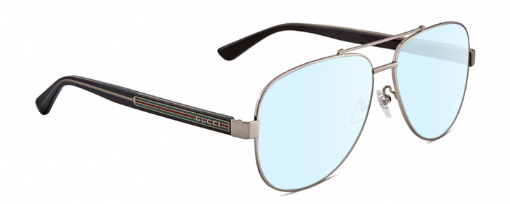 Profile View of Gucci GG0528S Designer Blue Light Blocking Eyeglasses in Ruthenium Silver Black Crystal Unisex Pilot Full Rim Metal 63 mm